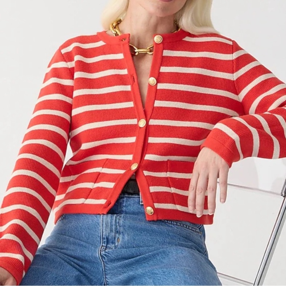 J Crew Red Striped Cardigan